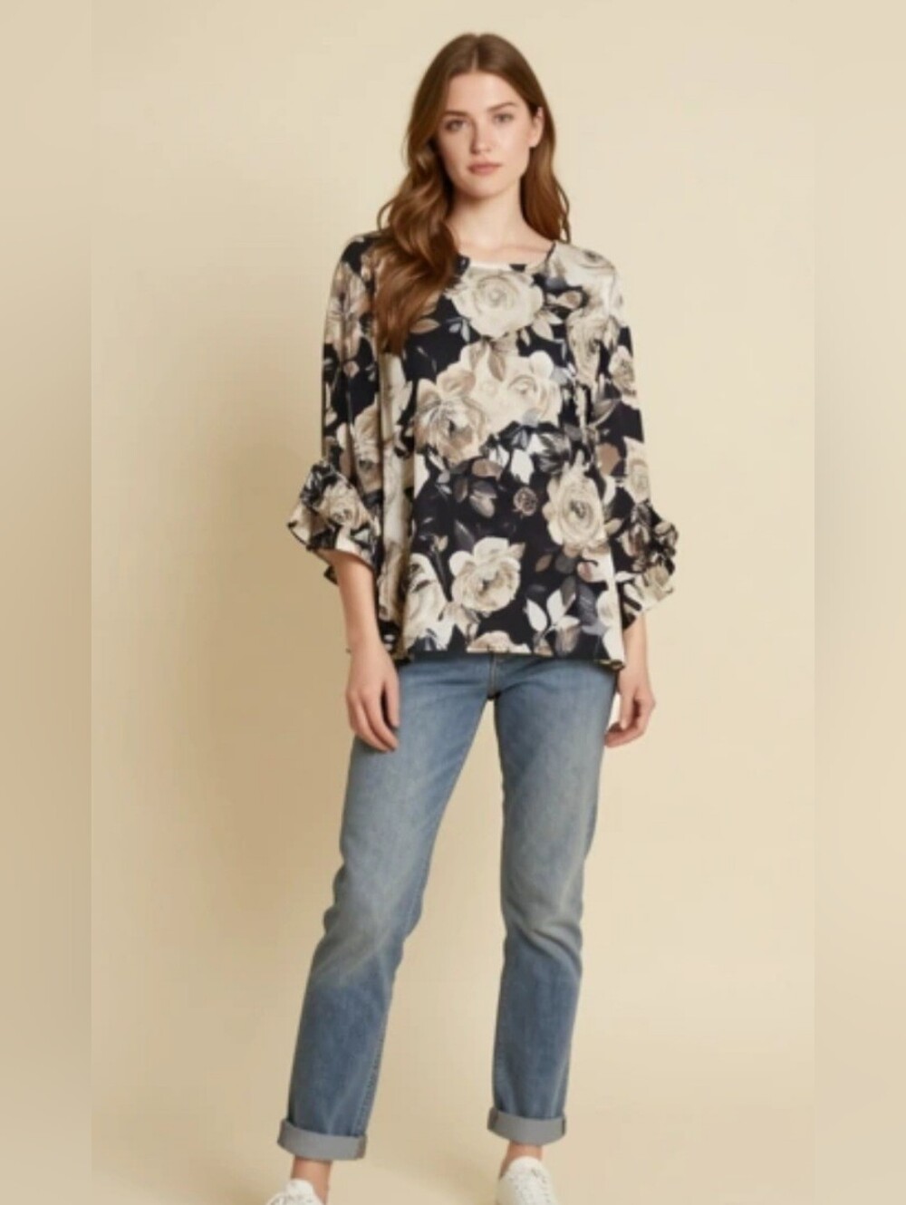 A. Byer Black & Cream Floral Ruffle 3/4 Sleeve Blouse Sz Med